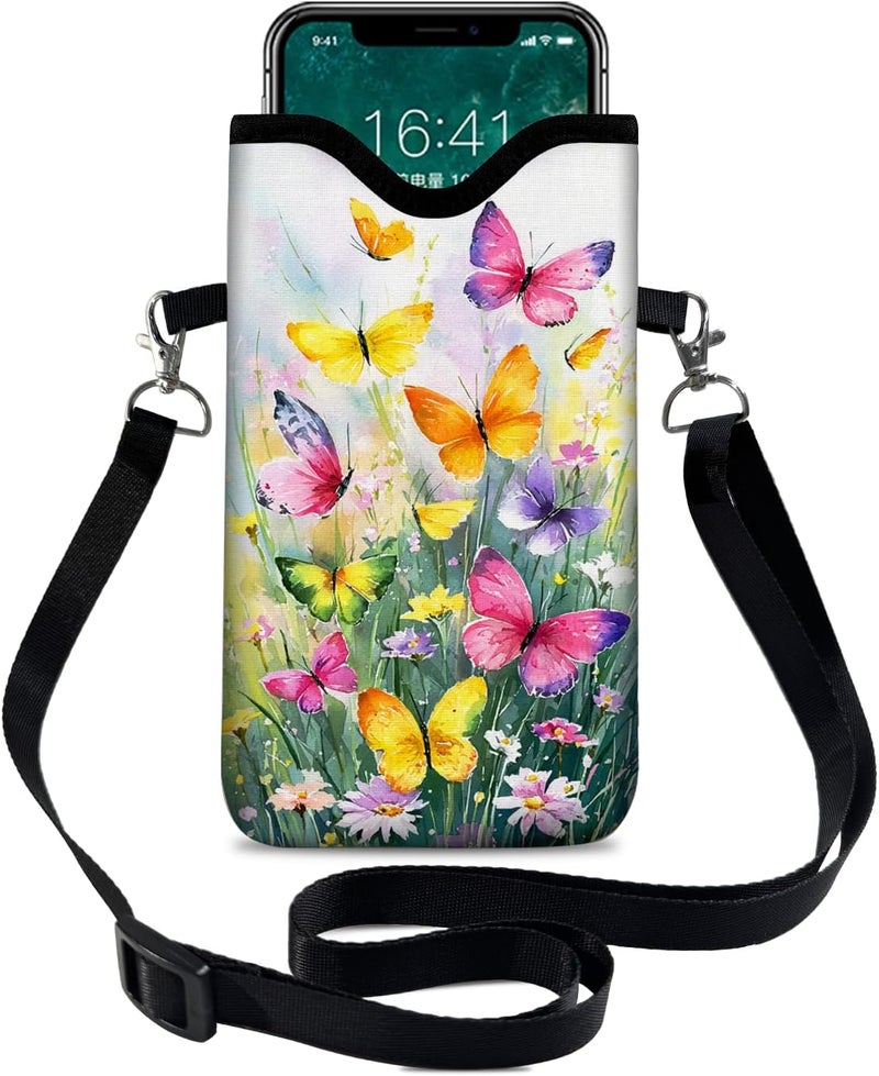 otilil Neoprene Cell Phone Sleeve Pouch Case Bag with Crossbody Strap Neck Lanyard for Women 7.1 X 3.9 in Flower Butterfly - Image 1